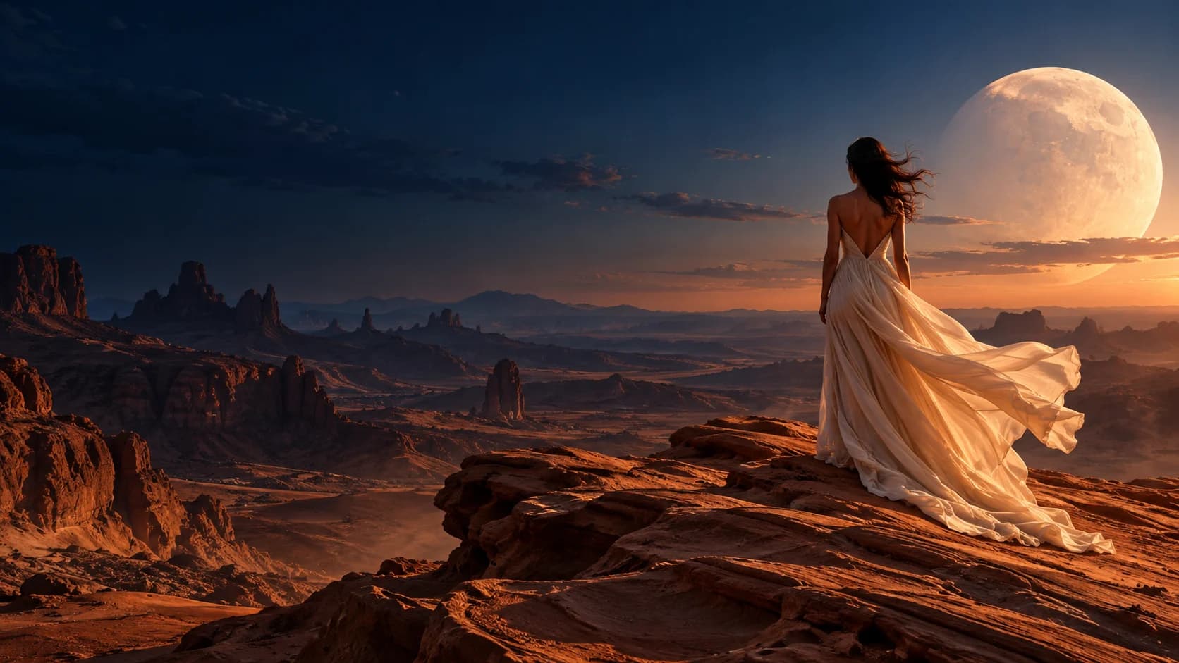 A figure in flowing ivory silk beneath an enormous moon in a terracotta desert — Zeufield editorial concept