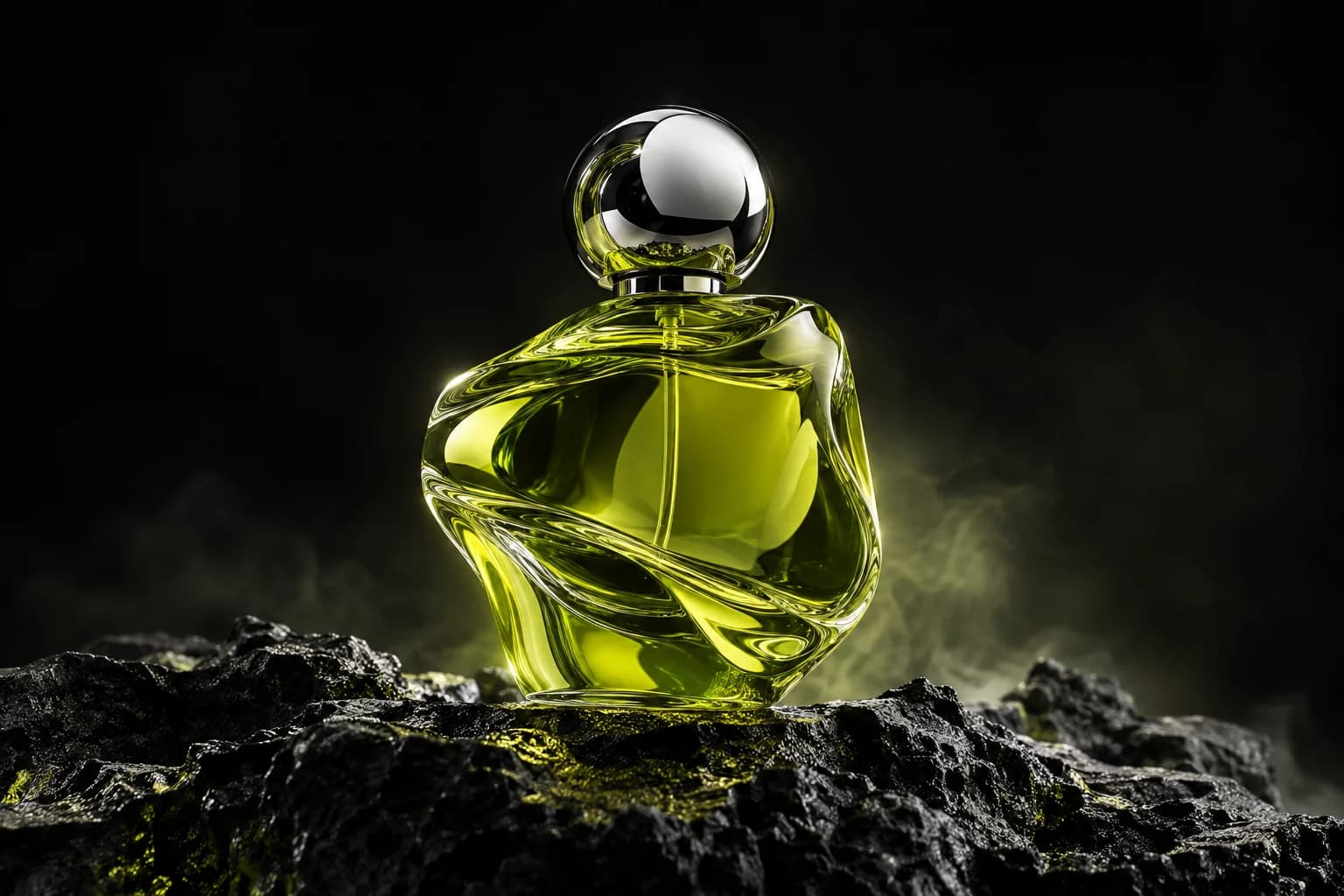 Lime glass and chrome perfume bottle — original editorial concept